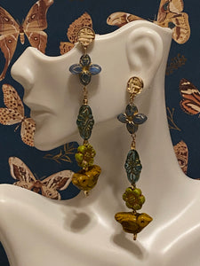 Czech boho dangle earrings; bohemian pierced gold earrings