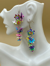 Load image into Gallery viewer, dangle earring; silver earring with flowers; boho earrings; long dangle earrings; flower dangle drop; women earrings; jewelry